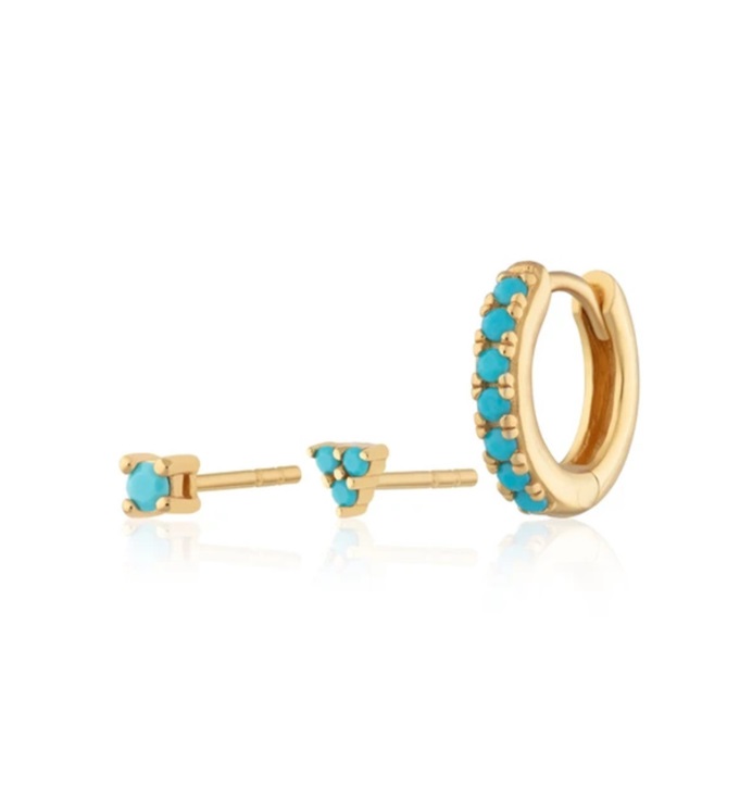 Gold Plated Turquoise Stud Huggie Earrings Set 